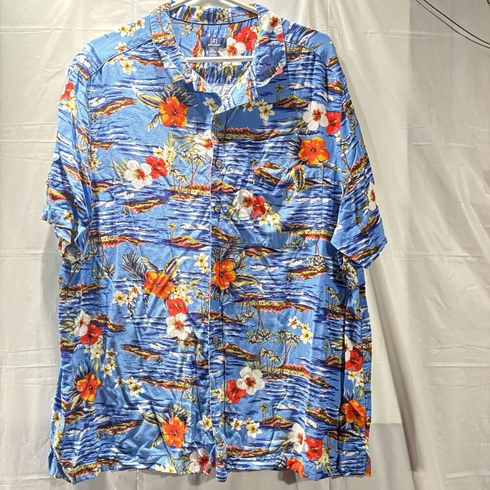 George Men Button Up Shirt 2XL Blue Floral Hawaiian Tropical Palm‎ Trees Collar